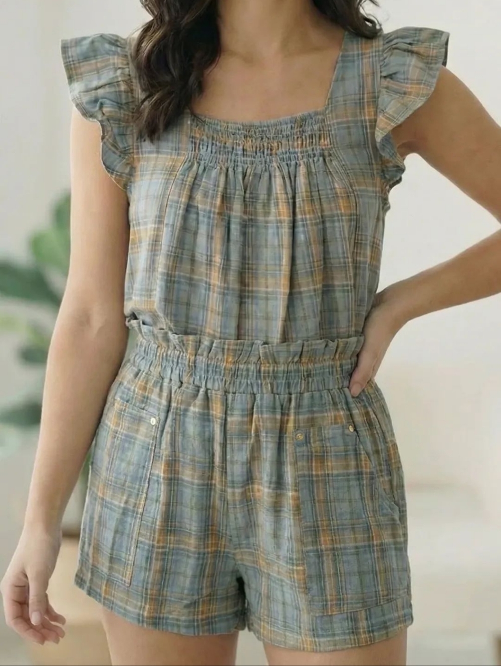 Smocked Neck Plaid Romper in Blue and Mustard